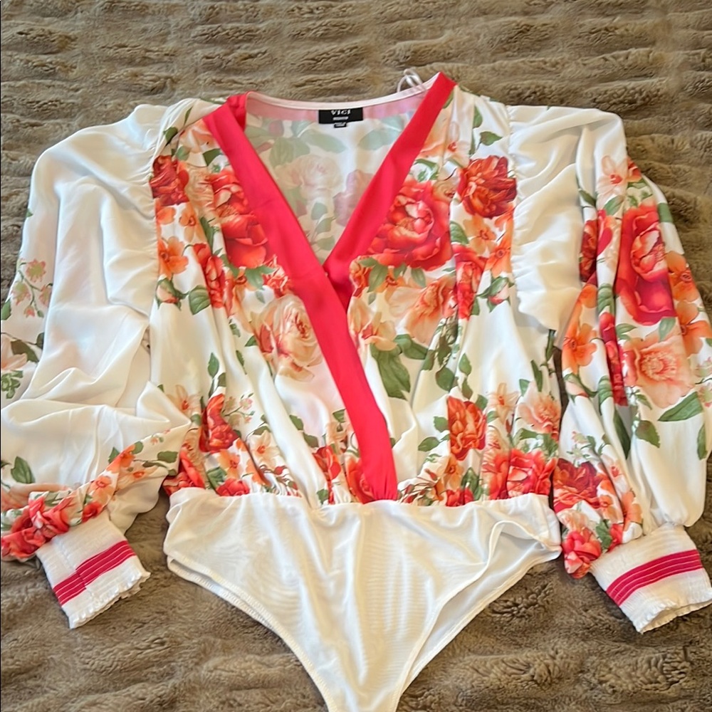 VICI White Floral Wrap Bodysuit with Pink Trim